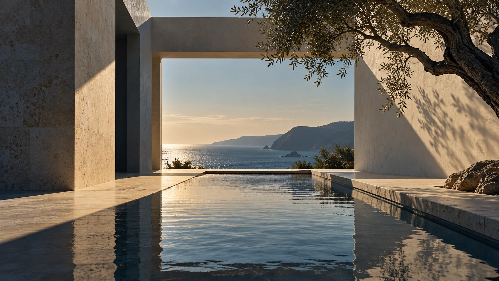 Imagined limestone courtyard and reflecting pool overlooking the sea.